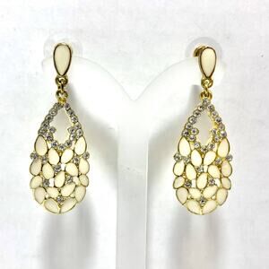 DONATING! LAST CHANCE! Gold white floral rhinestone earrings, pierced enamel